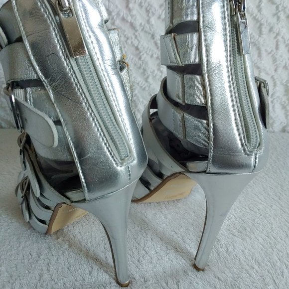 Sexy Silver Metallic Cage Strap Heels Buckle Detail Back Zip - Picture 5 of 8